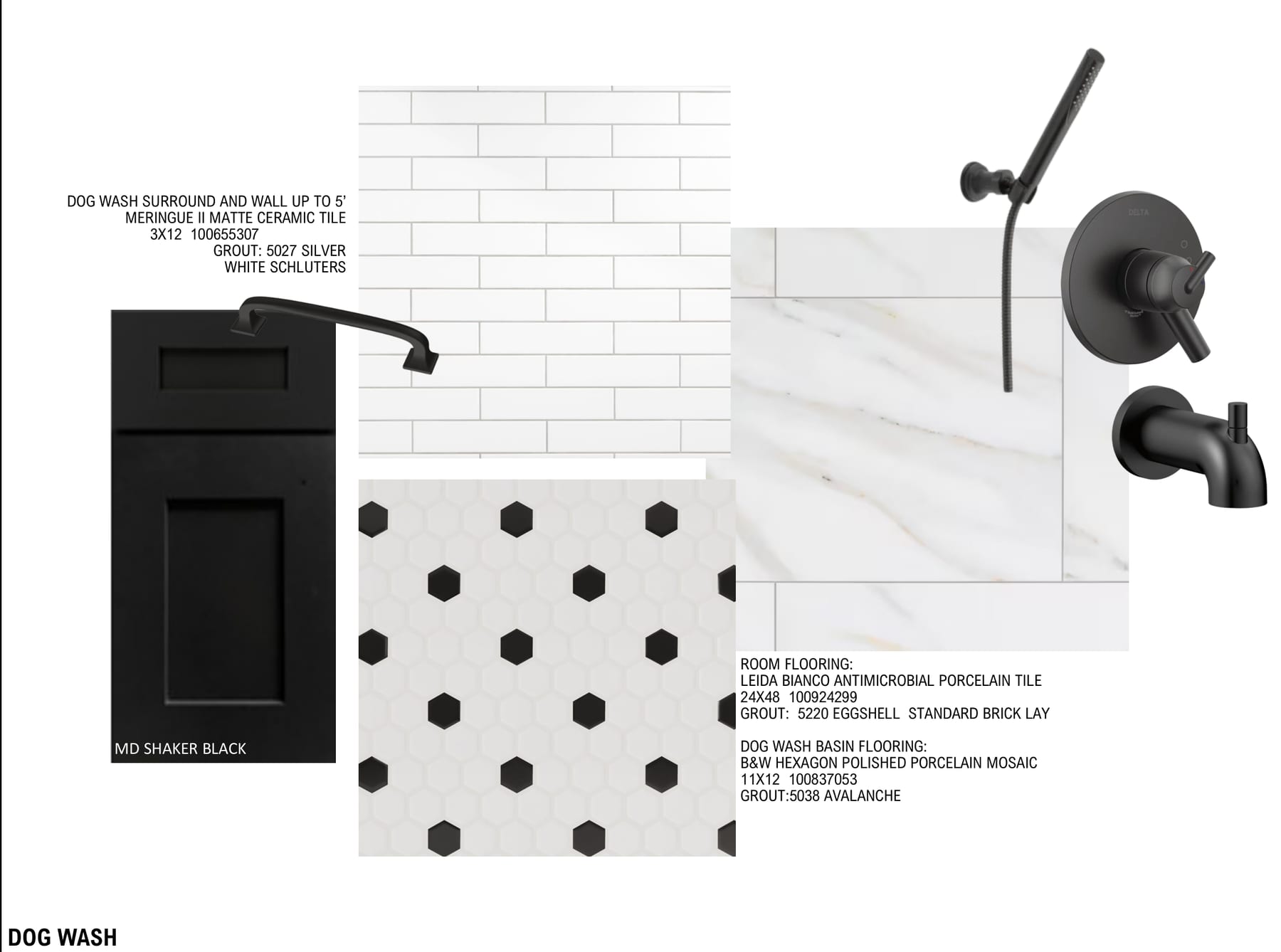 Dog wash sample board with black shaker cabinetry, white subway tile, black-and-white hexagon floor tile, and matte black fixtures