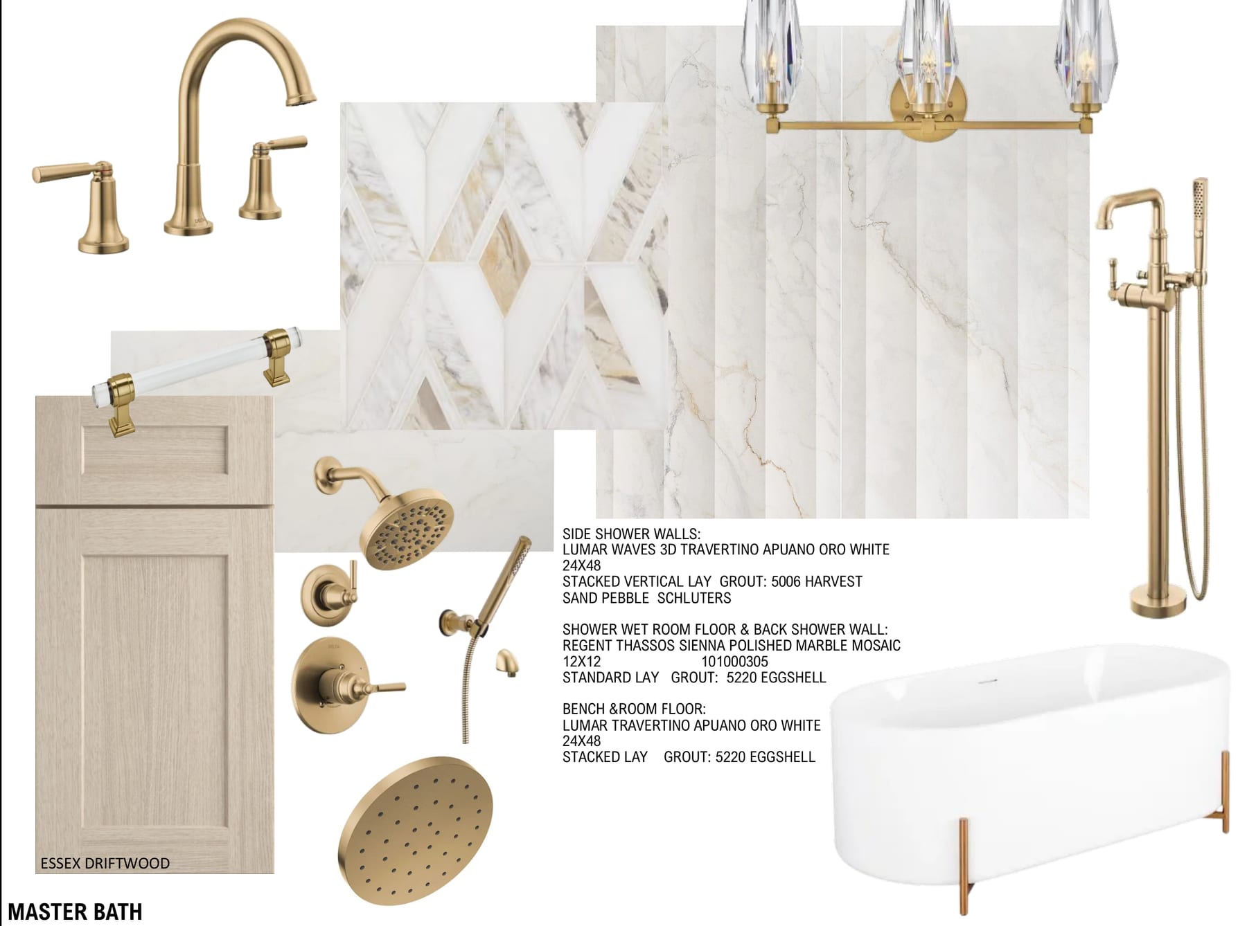 Primary bath sample board with brushed brass fixtures, marble and travertine tile, a freestanding tub, and light oak cabinetry
