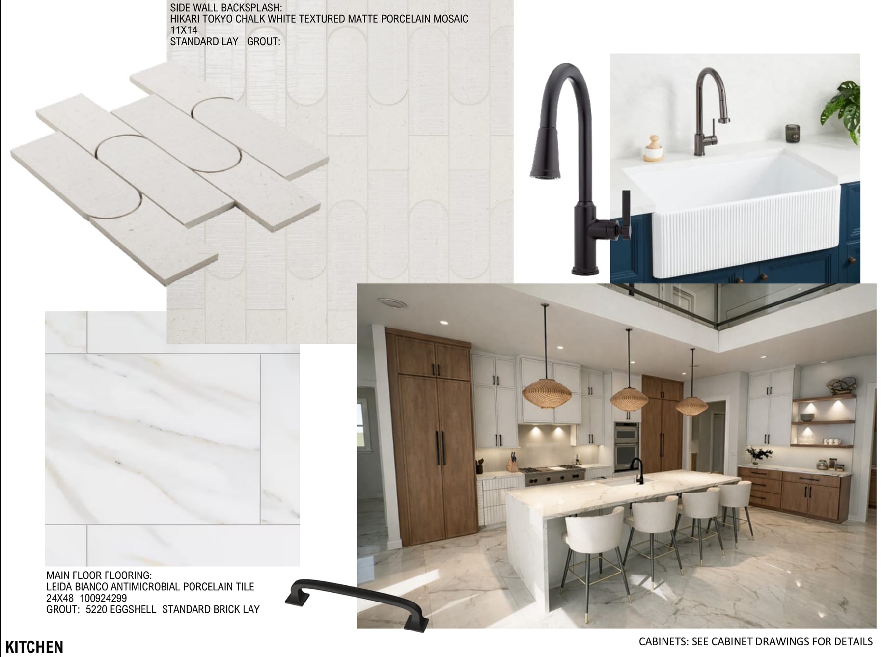 Kitchen sample board with backsplash tile, marble-look floor tile, a matte black faucet, a fluted farmhouse sink, and cabinet hardware