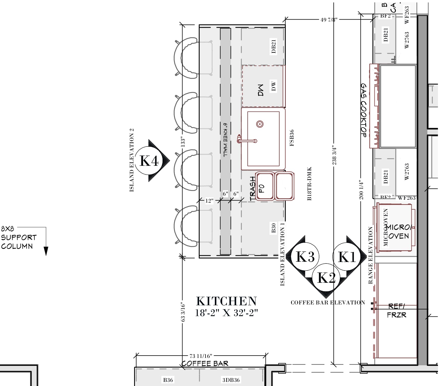Drafted kitchen floor plan showing the island seating, range wall, coffee bar, and labeled cabinet sizes