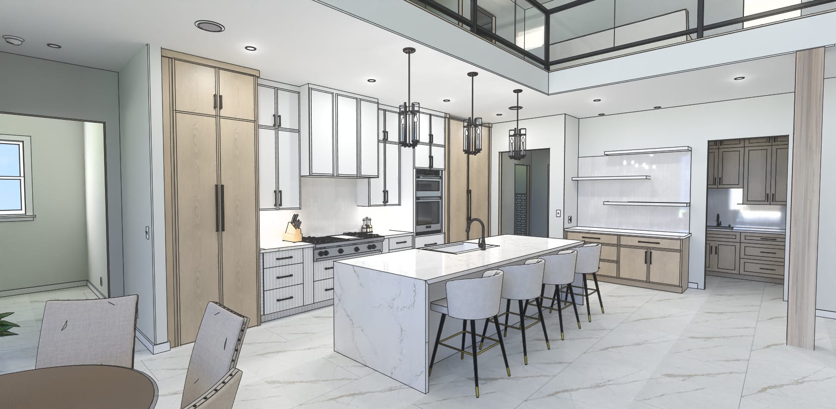 3D rendering of the kitchen with a waterfall island, bar seating, pendant lights, and a glass-railed loft above
