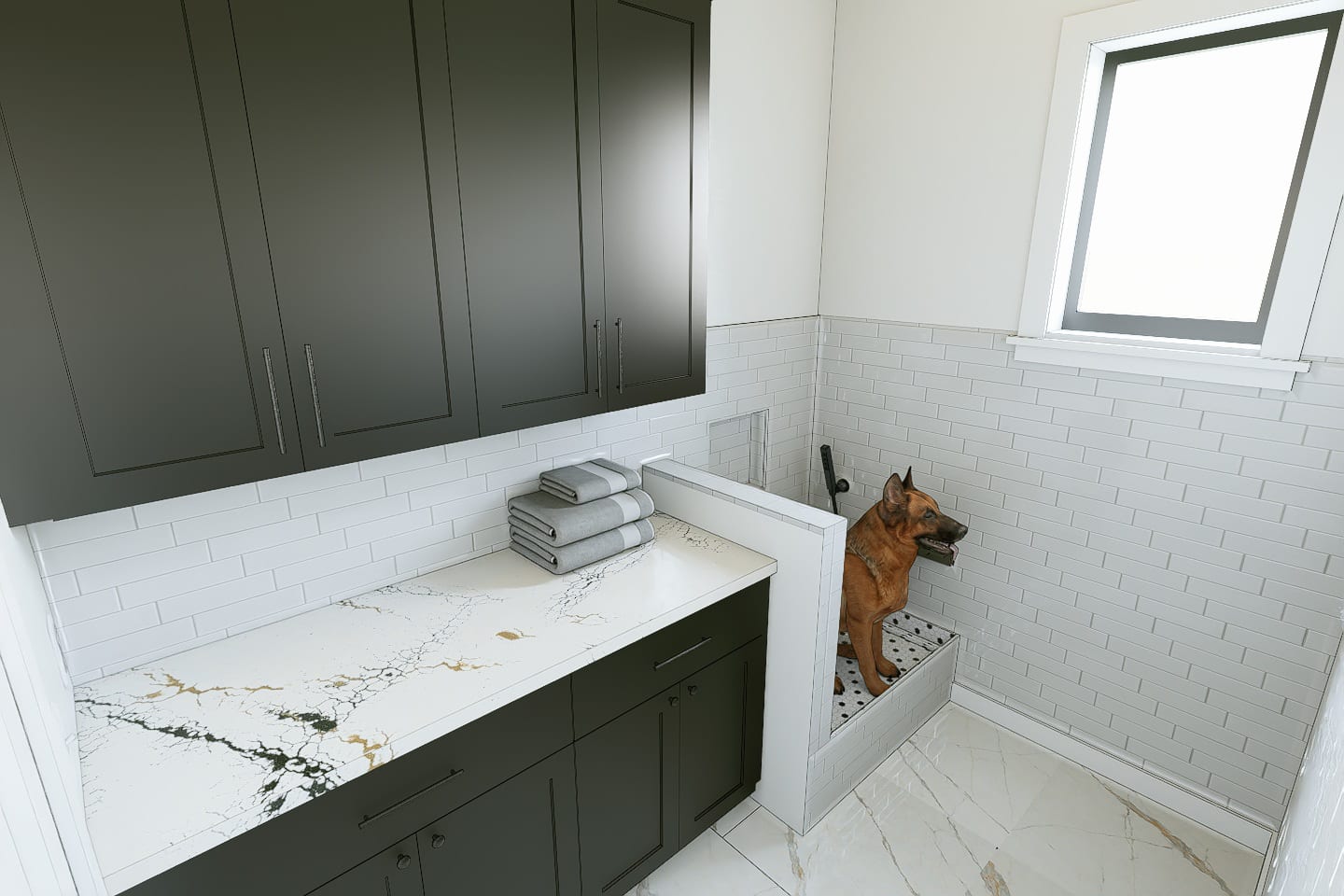 Rendering of the dog wash room with a raised tiled basin, black cabinetry, and a German shepherd in the basin