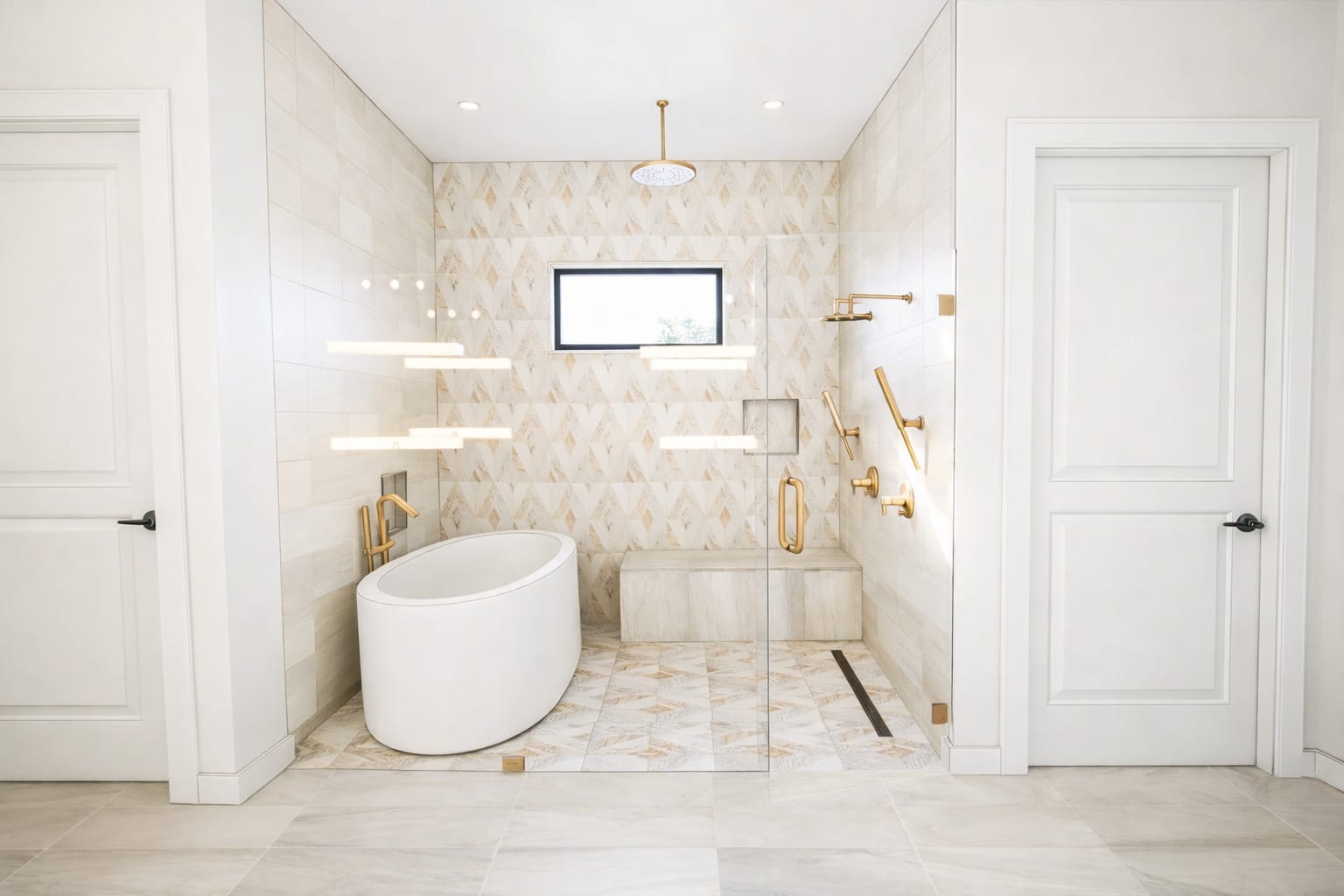 Rendering of the primary bath with a freestanding tub, a glass-walled shower, and patterned marble floors
