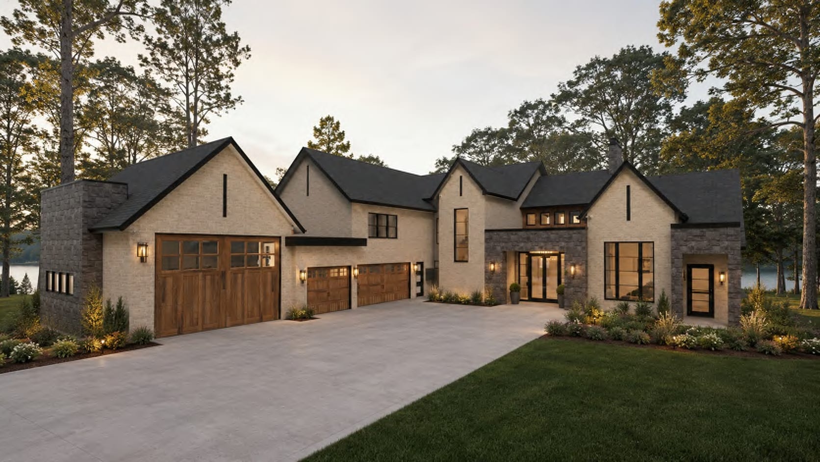 Rendering of a stone and brick lakehouse with steep gables and a three-bay carriage-door garage at dusk