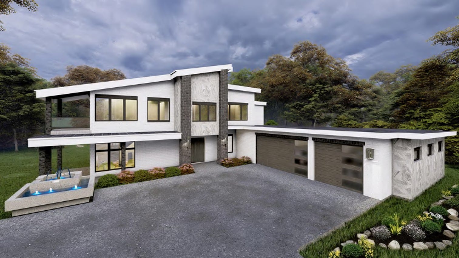 Rendering of a modern two-story Summit home with a stone-clad entry, flat rooflines, and a courtyard fountain