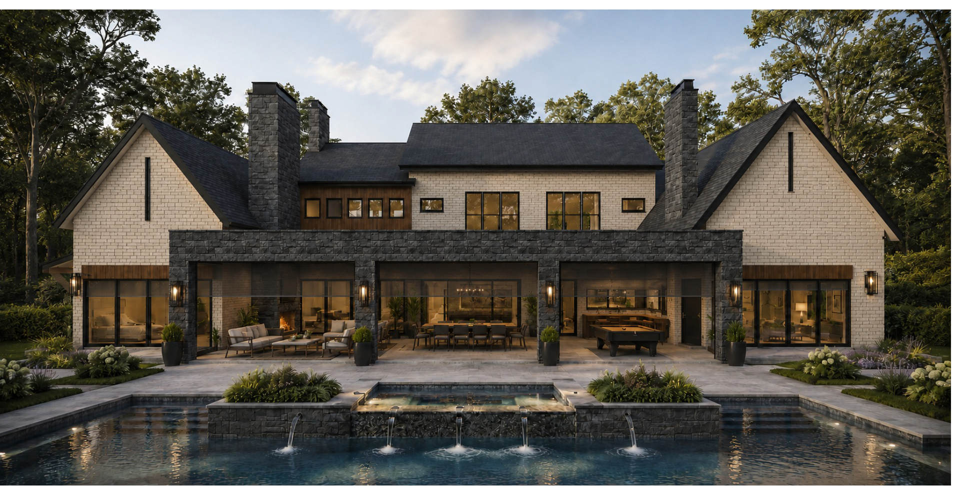 Rendering of a Summit-designed custom home at dusk, showing the rear elevation, covered outdoor living, and pool
