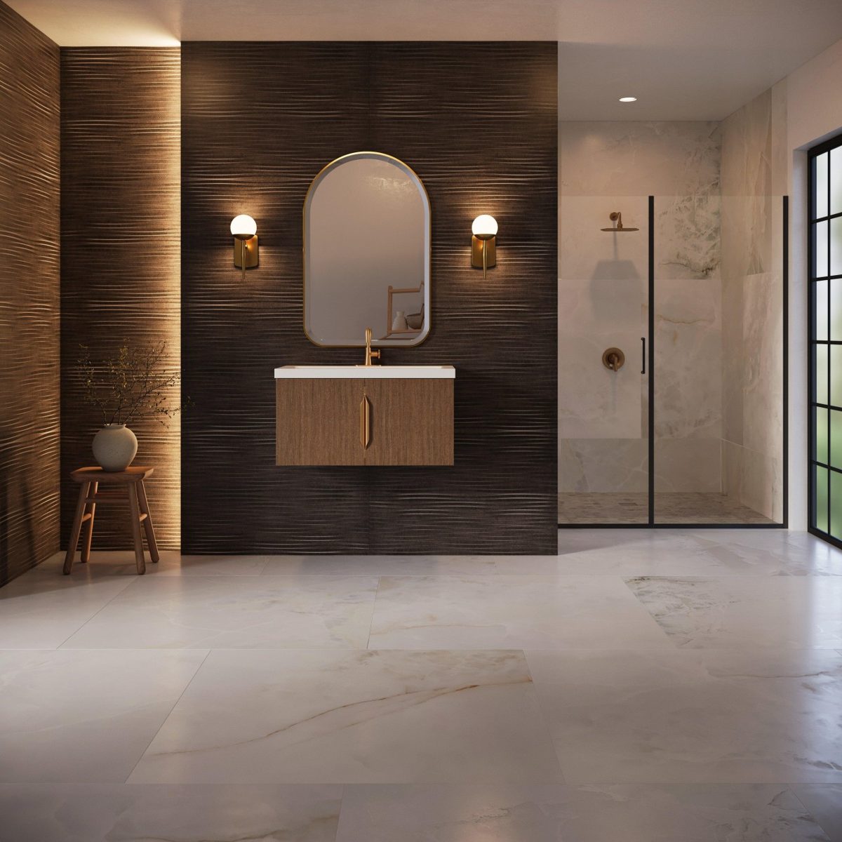 Primary bathroom rendering with matched tile, fixtures, and cabinetry from a Summit sample board