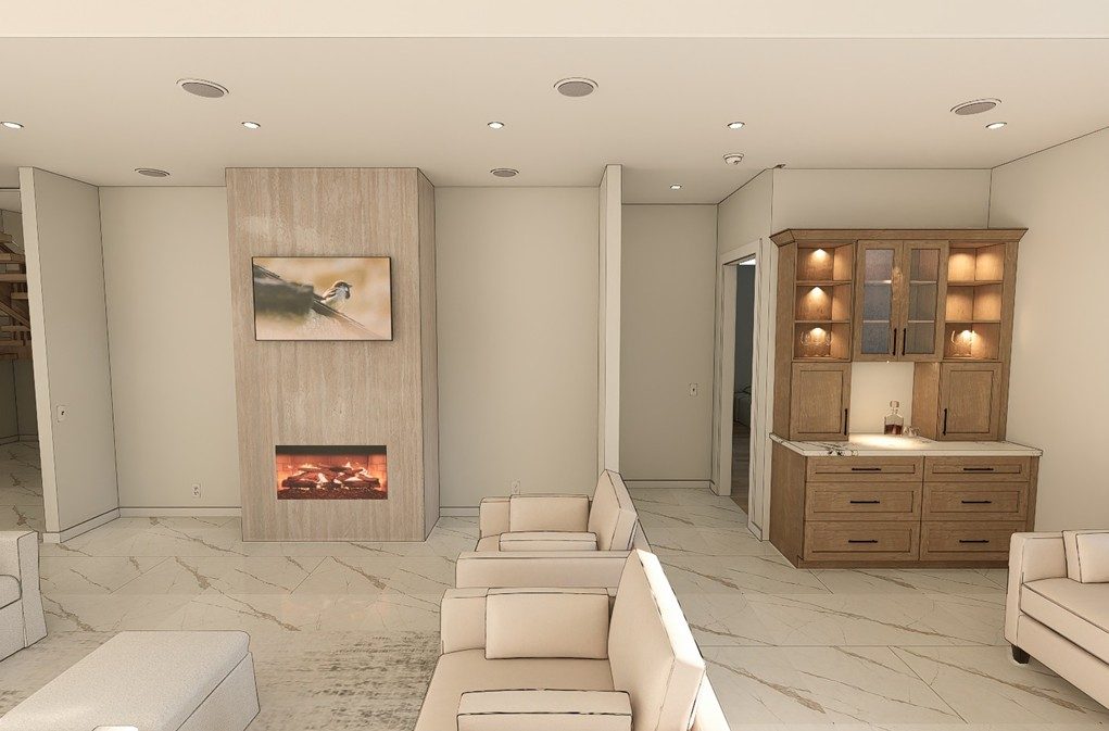Living room fireplace and bar wall rendering from a Summit sample board